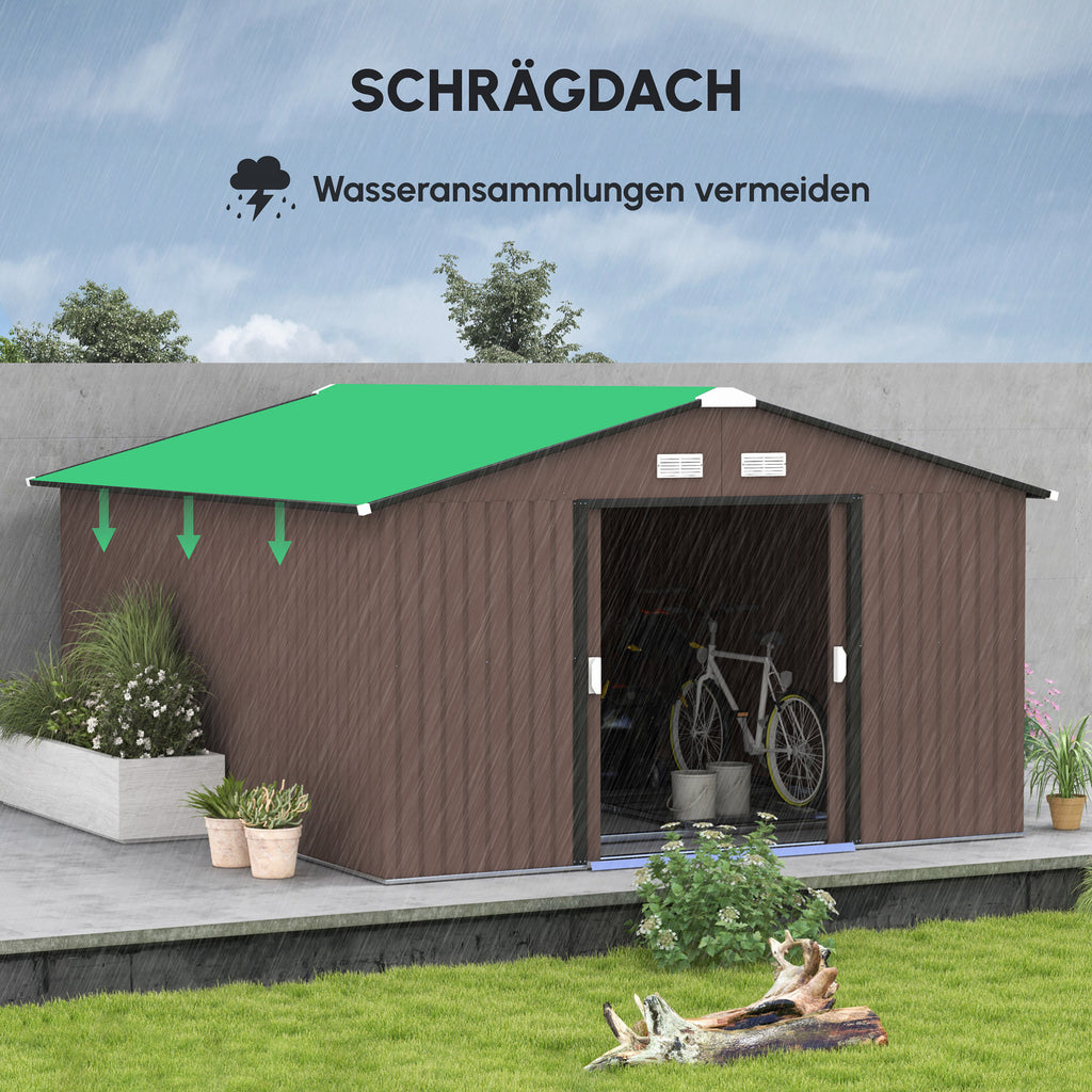 Outsunny Geräteschuppen, Wetterfestes Gartenhaus für Gartengeräte, mit Belüftungsfenstern, Schiebetüren, Stahl, Braun