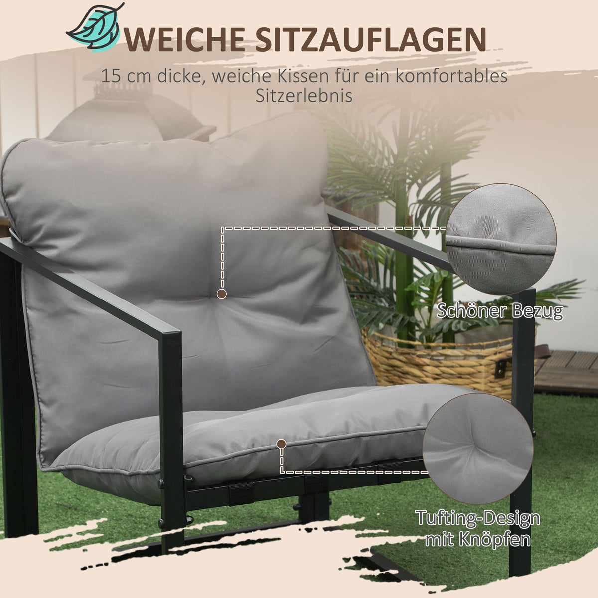 Outsunny Gartenmöbel-Set, 1 Glastisch, 2 Sessel. 1 Sofa, wetterbeständig,114 cm x 70 cm x 67 cm, Grau+Schwarz