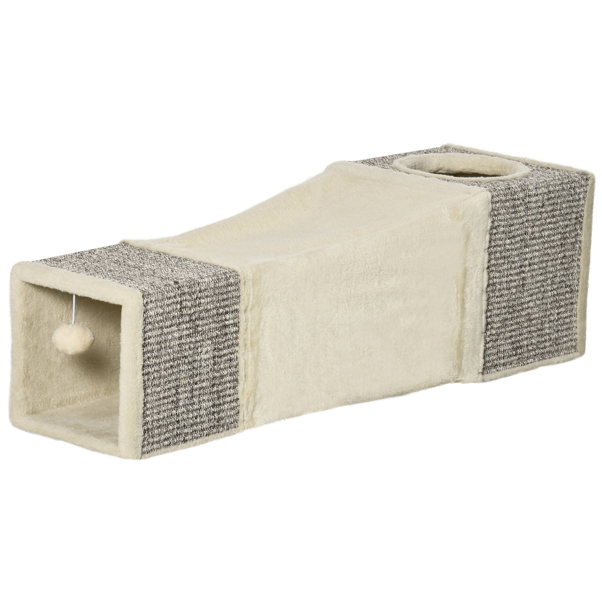 PawHut Katzentunnel, 2 Katzenhöhlen, Kratzflächen und Ballspielzeug, 98 cm x 30 cm x 30 cm, Braun + Beige