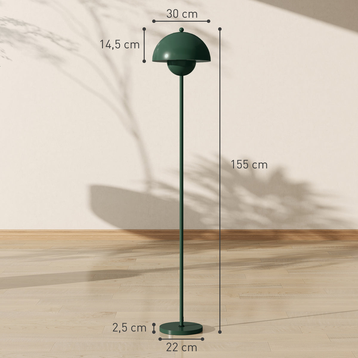 HOMCOM Stehlampe, runder Schirm, Fußschalter, langes Kabel, eleganter Look, Stahl, Grün