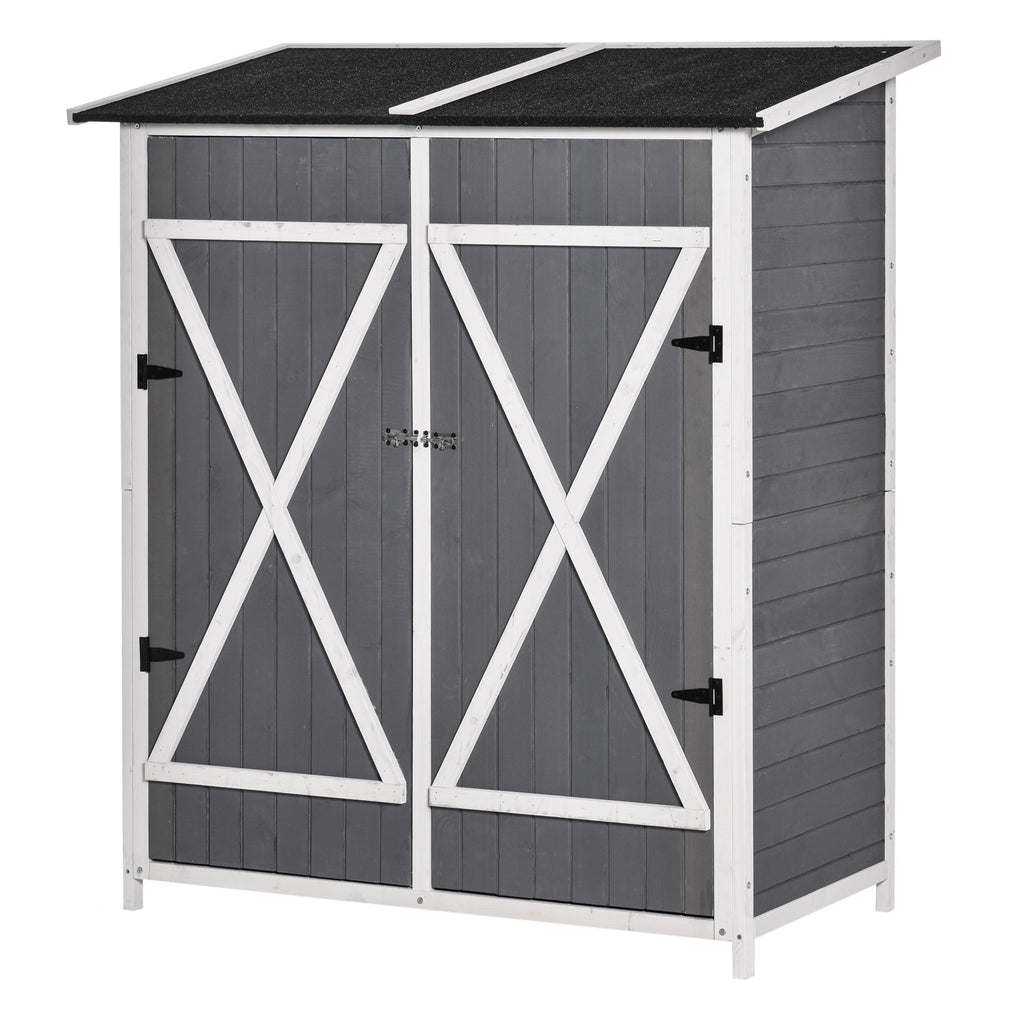 Outsunny Gartenschrank Geräteschuppen mit 2 Tür Geräteschrank mit Asphaltdach Gartenlagerschrank Antidumping Design mit Bodennägel Tannenholz Grau+Weiß 139 x 75 x 160 cm
