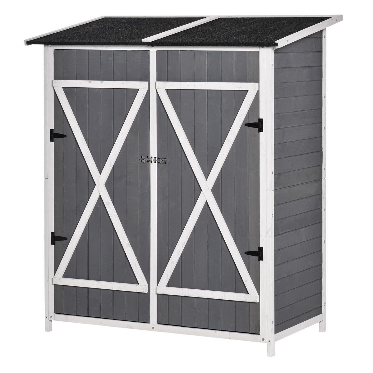Outsunny Gartenschrank Geräteschuppen mit 2 Tür Geräteschrank mit Asphaltdach Gartenlagerschrank Antidumping Design mit Bodennägel Tannenholz Grau+Weiß 139 x 75 x 160 cm