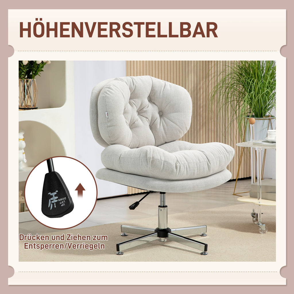 HOMCOM Bürostuhl ohne Armlehnen, bequemer Schreibtischstuhl mit gepolstertem Sitz und verstellbarer Höhe, Cremeweiß