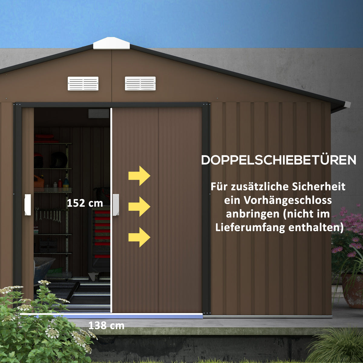 Outsunny Geräteschuppen, Wetterfestes Gartenhaus für Gartengeräte, mit Belüftungsfenstern, Schiebetüren, Stahl, Braun