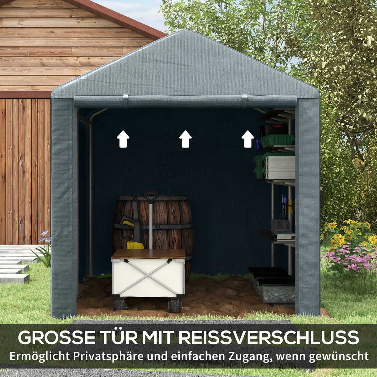Outsunny Geräteschuppen, Zeltgarage, große Tür, rostfreier Metallrahmen, 160x218x172 cm, Dunkelgrau