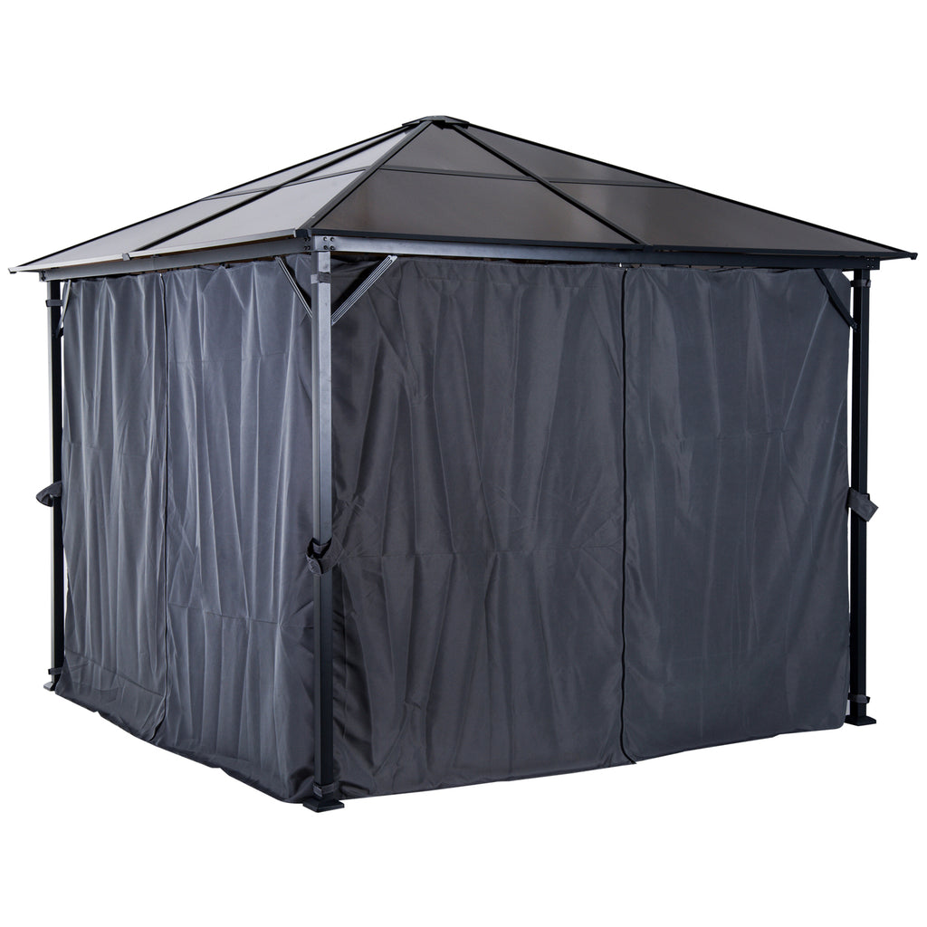 Outsunny Pavillon mit Polycarbonatdach, Vorhänge mit Fliegennetz, Alugestell, dunkelgrau, 3 x 3 m