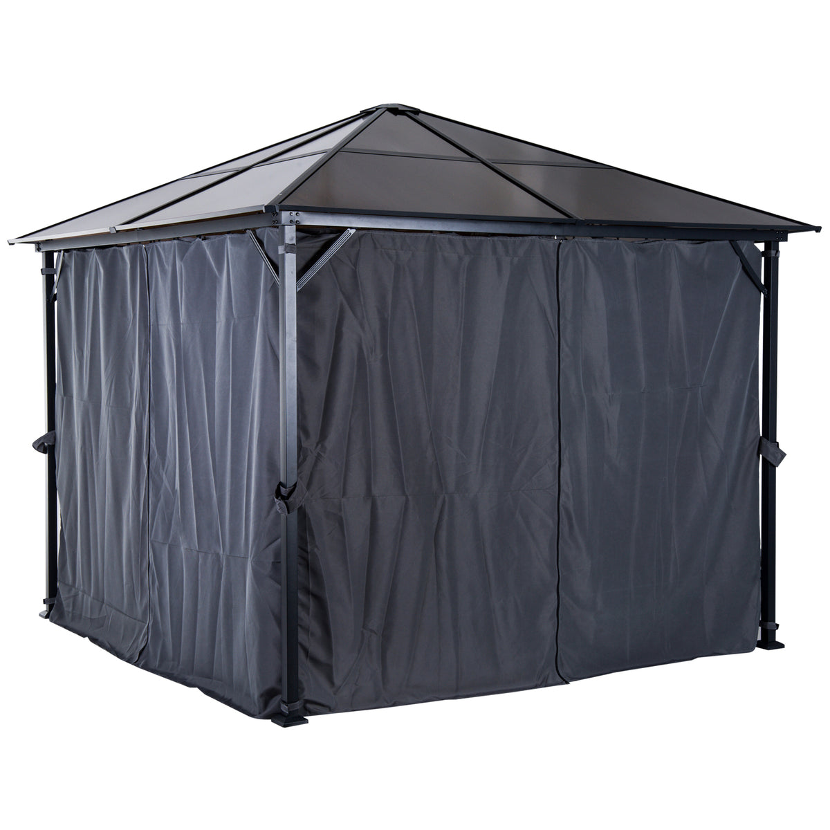 Outsunny Pavillon mit Polycarbonatdach, Vorhänge mit Fliegennetz, Alugestell, dunkelgrau, 3 x 3 m