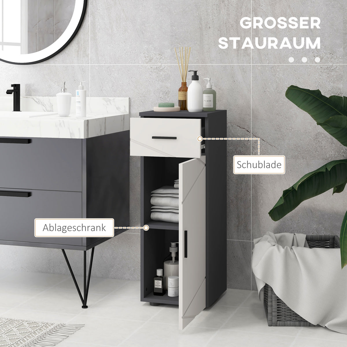 kleankin Badezimmerschrank, Badkommode, verstellbare Regale, bis zu 25 kg belastbar, Grau