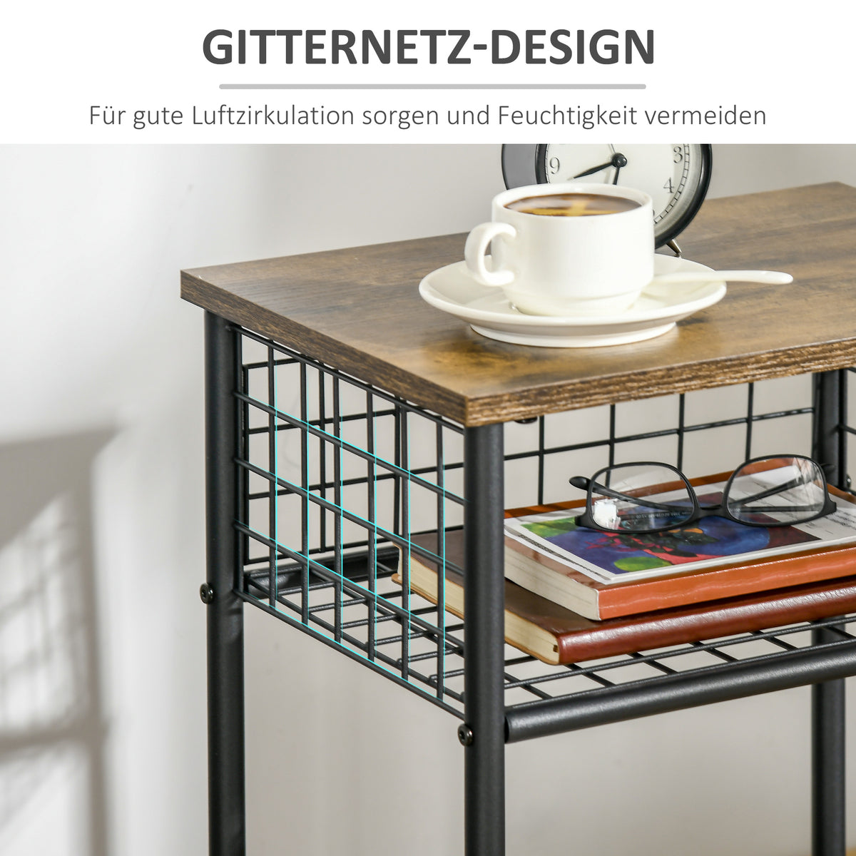HOMCOM Küchenwagen im Industriedesign 1 Regal 1 Aufbewahrungskorb 4 Räder 40 cm x 30 cm x 62 cm Stahl Schwarz + Braun