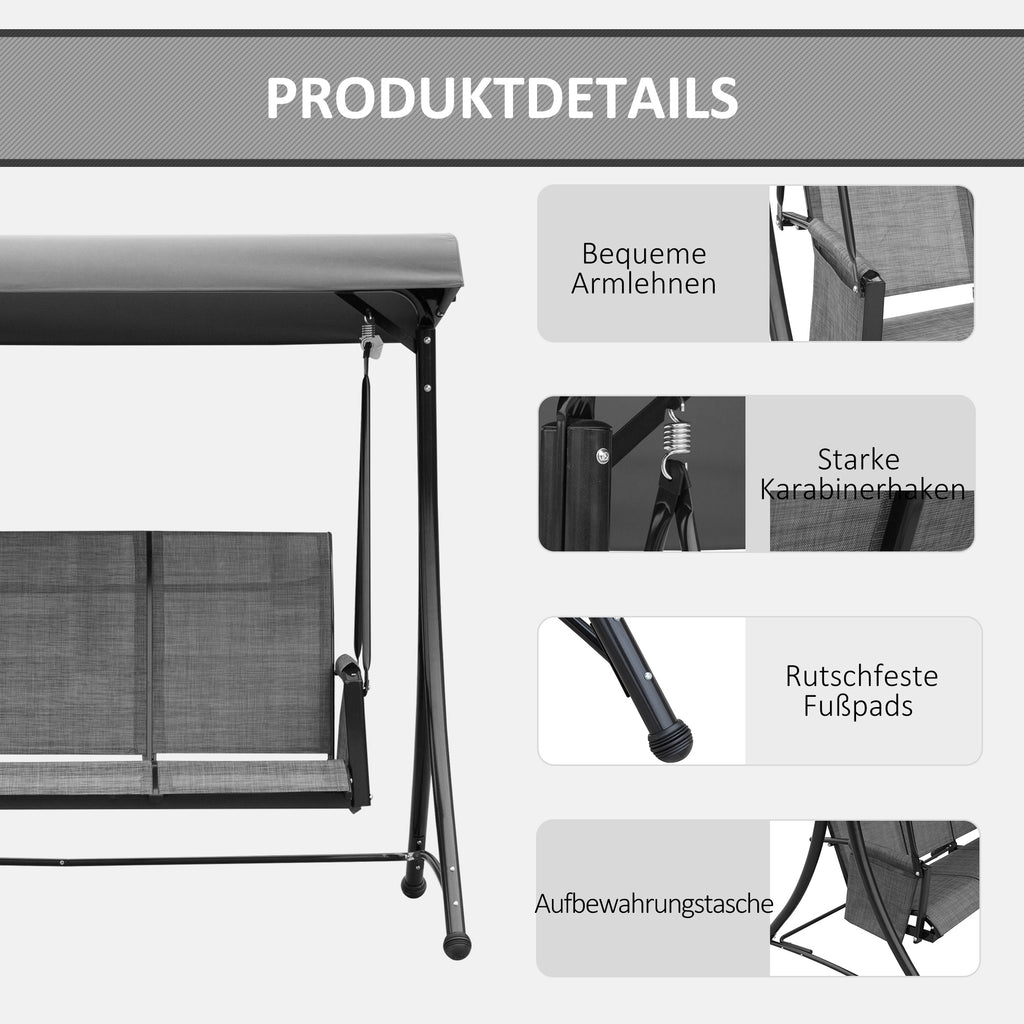 Outsunny Hollywoodschaukel mit Seitentasche, 3-Sitzer Gartenschaukel mit verstellbarem Sonnendach, Schaukelbank belast bis 300kg, für Garten, Terrasse, 196 x 128 x 172 cm, Dunkelgrau