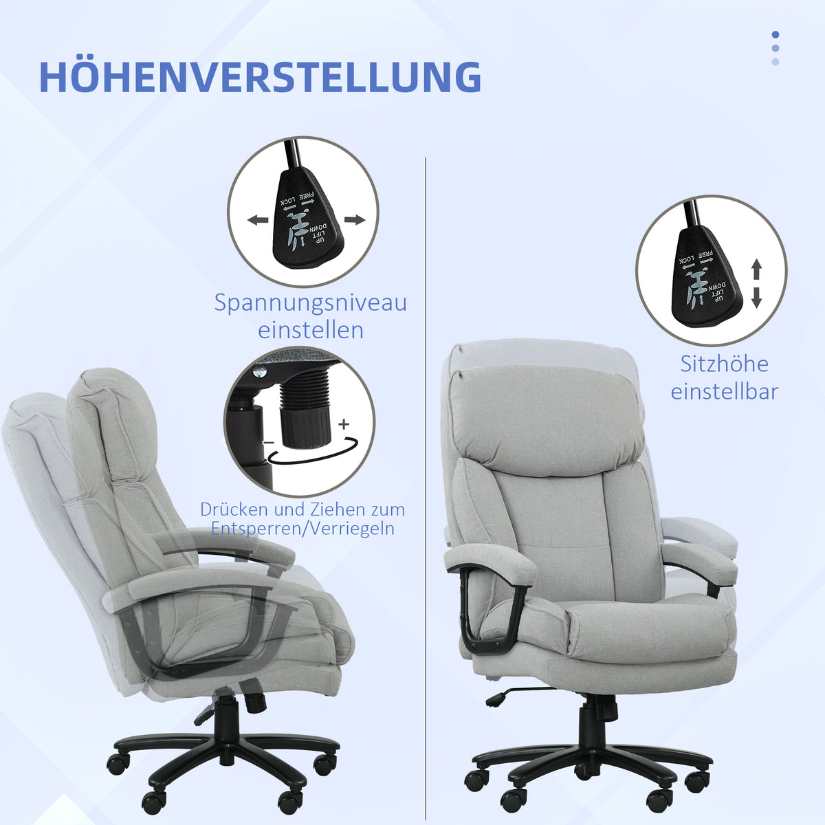 HOMCOM Großer hoher Bürostuhl, 200 kg Tragekapazität, robuste Konstruktion, weicher Bezug, Hellgrau