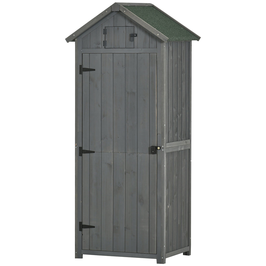 Outsunny Gartenschrank Holz, Geräteschuppen wetterfest 77x54,2x179cm, Gerätehaus mit Tür, Satteldach, Geräteschrank mit Böden, Werkzeugschrank Gartenschuppen für Garten, Terrasse, Grau+Grün