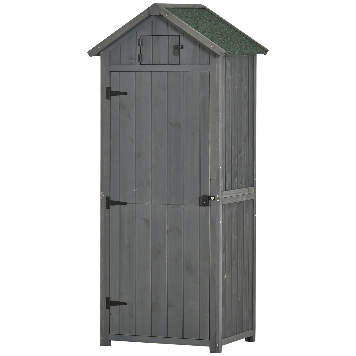 Outsunny Gartenschrank Holz, Geräteschuppen wetterfest 77x54,2x179cm, Gerätehaus mit Tür, Satteldach, Geräteschrank mit Böden, Werkzeugschrank Gartenschuppen für Garten, Terrasse, Grau+Grün