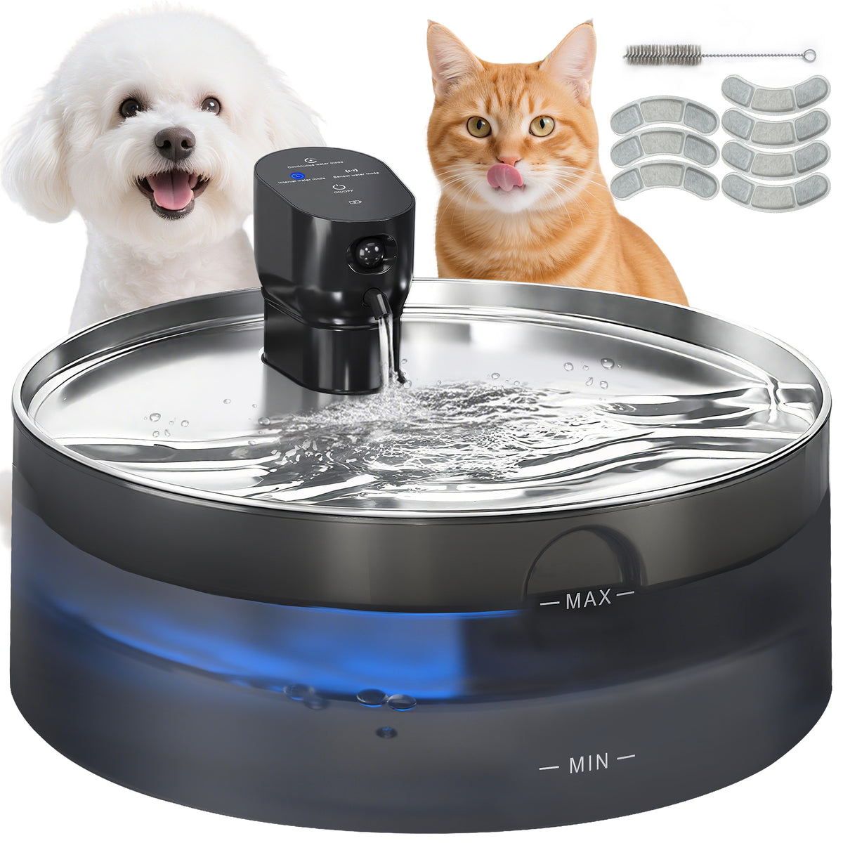 PawHut Katzenbrunnen 7L Trinkbrunnen für Katzen mit leiser Pumpe LED Aktivkohlefilter Edelstahl 30,6 x 30,6 x 17,2 cm