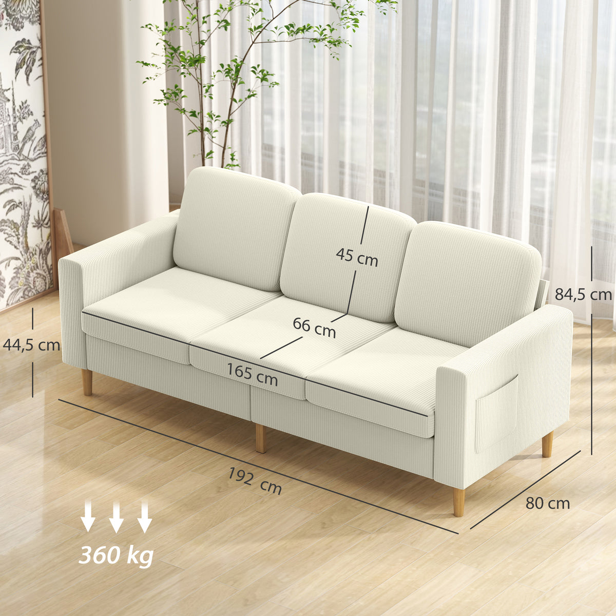 HOMCOM Dreisitzer-Sofa aus Rip-Vorvelvet mit Federkissen und gepolsterter Sitzfläche, 192x80x84,5cm, beige