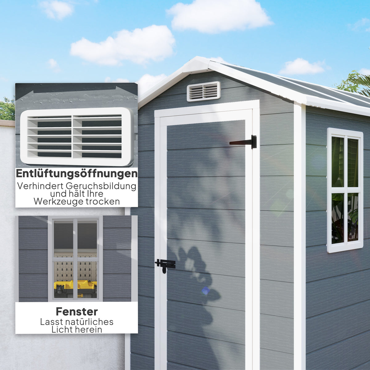 Outsunny Gartenschuppen, Kunststoff-Gartenhaus mit Boden, Fenster, verschließbare Türen, für Garten, 131B x 186T x 198H cm, Grau