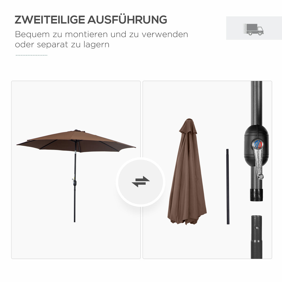 Outsunny Sonnenschirm Knickschirm Gartenschirm Marktschirm mit Handkurbel Stahl 180/m² Polyester Braun Ø2,95 x 2,5 m