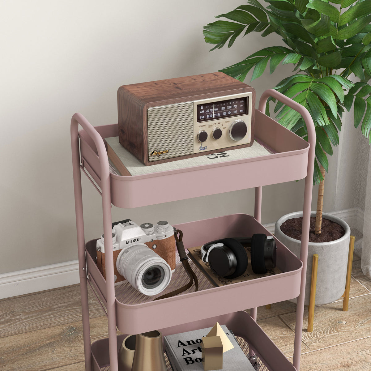 HOMCOM Küchenwagen mit 3 Ebenen, mit Griffen und 4 Rollen, aus Stahl, 45x30,6x79 cm, Rosa