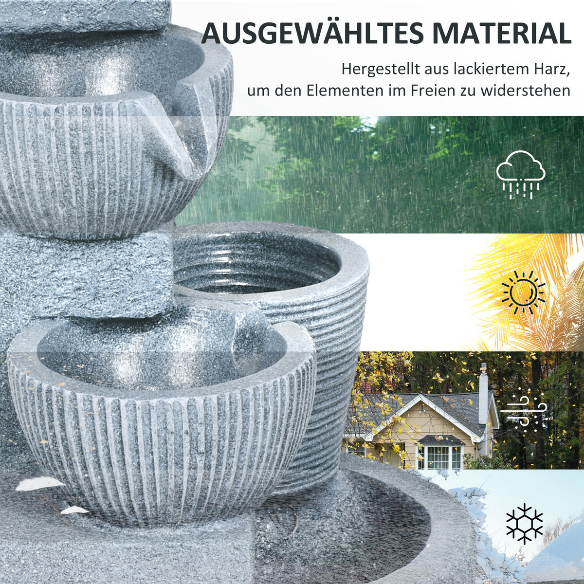 Outsunny Gartenbrunnen, Naturoptik, 4-stufig, Solarbetrieb, LEDs, 57cm Höhe, Dunkelgrau