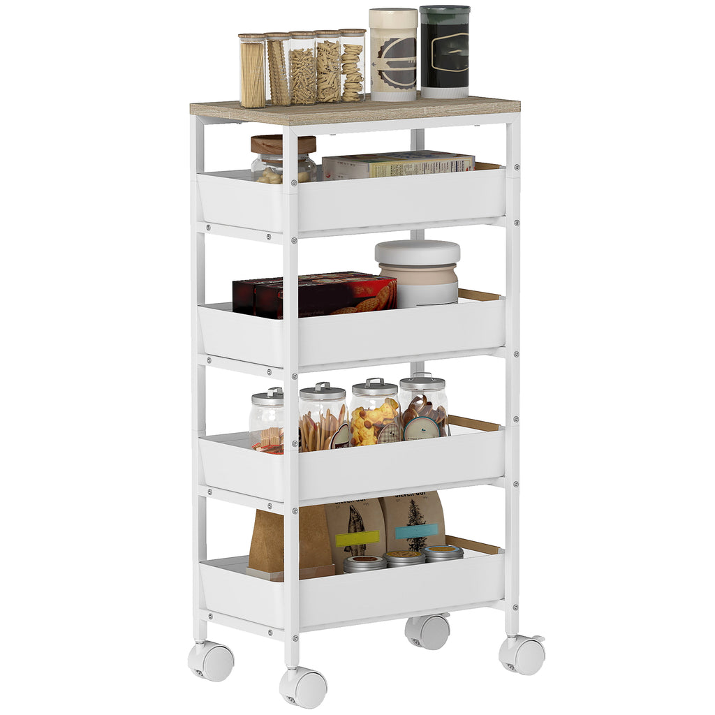 HOMCOM 5-stufiger Küchenwagen, Holzoptik, rollbar, Metallrahmen, 4 Schubladen, Weiß