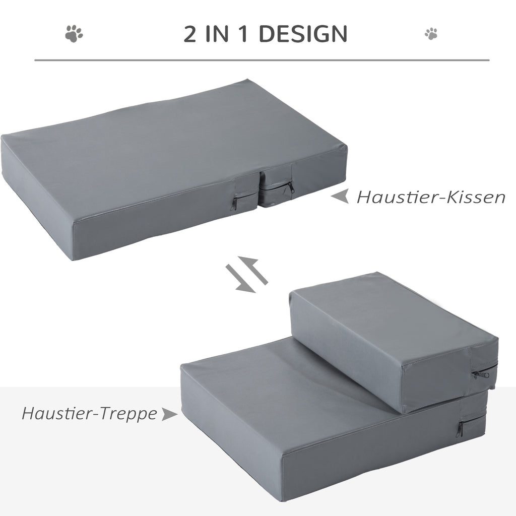 PawHut Haustiertreppe Tierunterlage 2 Stufen Klappbar bis 7 kg Hundetreppe Treppe Unterlage für Katzen und Hunde Grau L45 x B39 x H20 cm