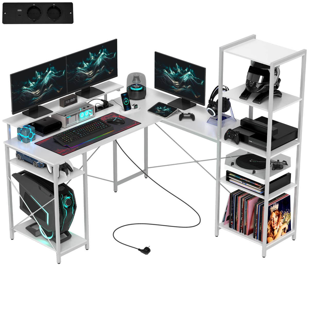 HOMCOM L-förmiger Schreibtisch mit Ladestation, Eck-Computertisch mit Monitorständer und Regalen, für Homeoffice, Büro, Weiß