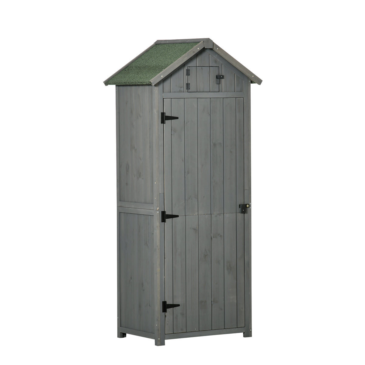 Outsunny Gartenschrank Holz, Geräteschuppen wetterfest 77x54,2x179cm, Gerätehaus mit Tür, Satteldach, Geräteschrank mit Böden, Werkzeugschrank Gartenschuppen für Garten, Terrasse, Grau+Grün