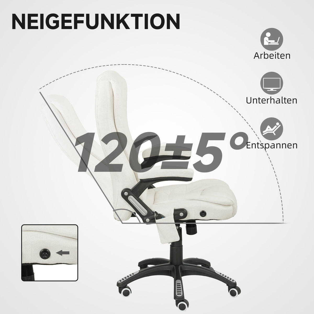 Vinsetto Ergonomischer Schreibtischstuhl mit Massagefunktion, 68 x 72 x 110–120 cm, Cremeweiß