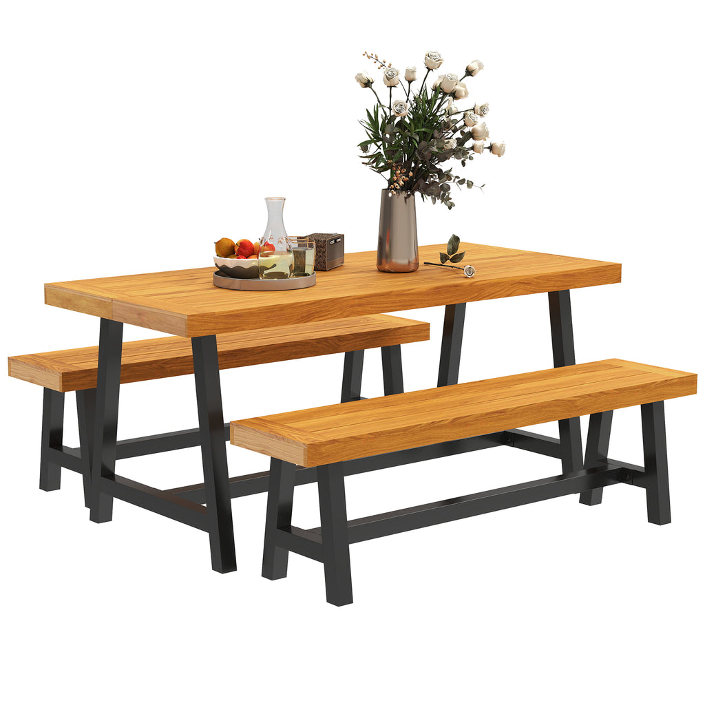 Outsunny Sitzgruppe 3-teilig Holz Essgruppe für 4 Personen Esstisch mit 2 Bänke Teak