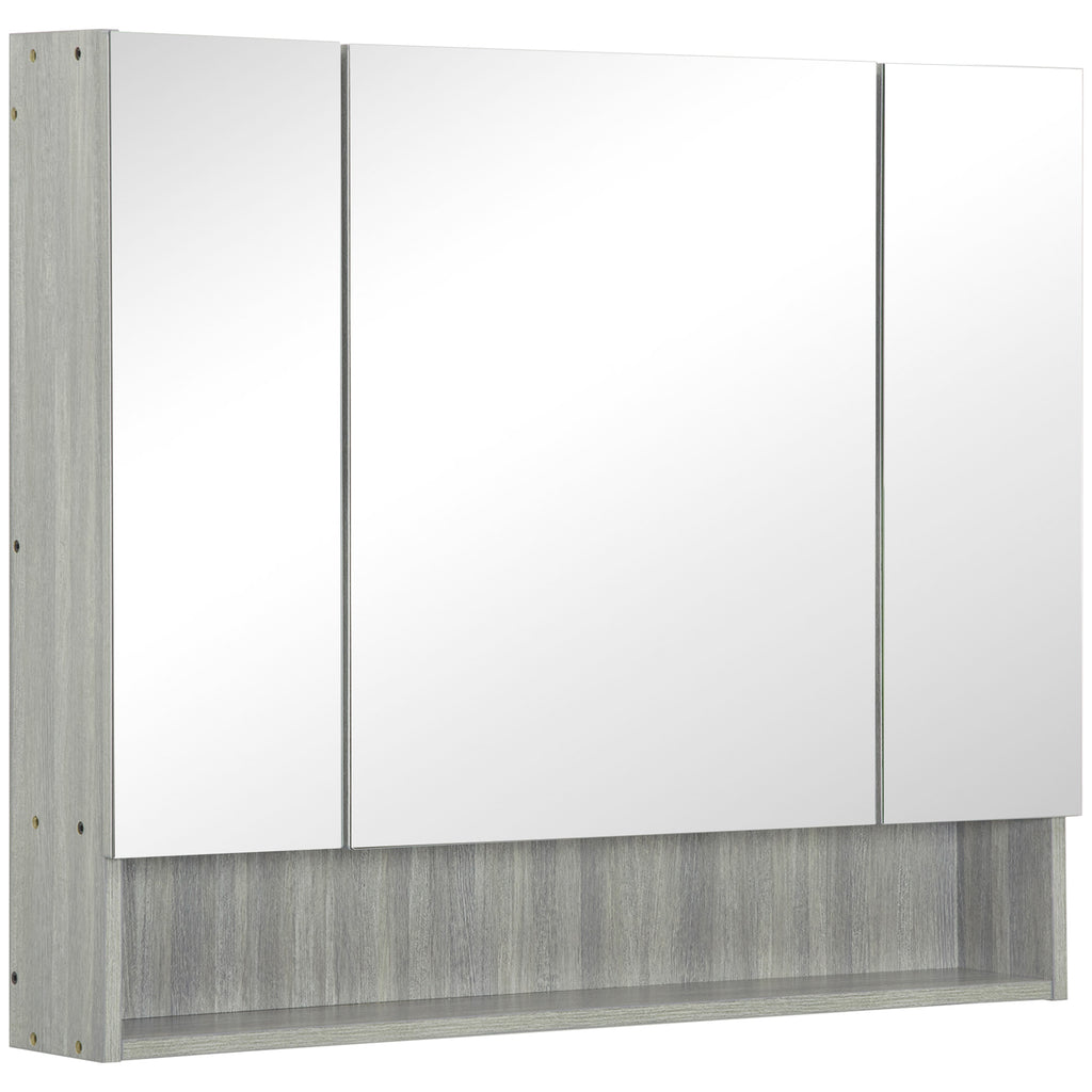 kleankin Badezimmerschrank mit Spiegel, Toilettenregal 3 Spiegeltüren, verstellbare Regale, 90x15x75cm, grau