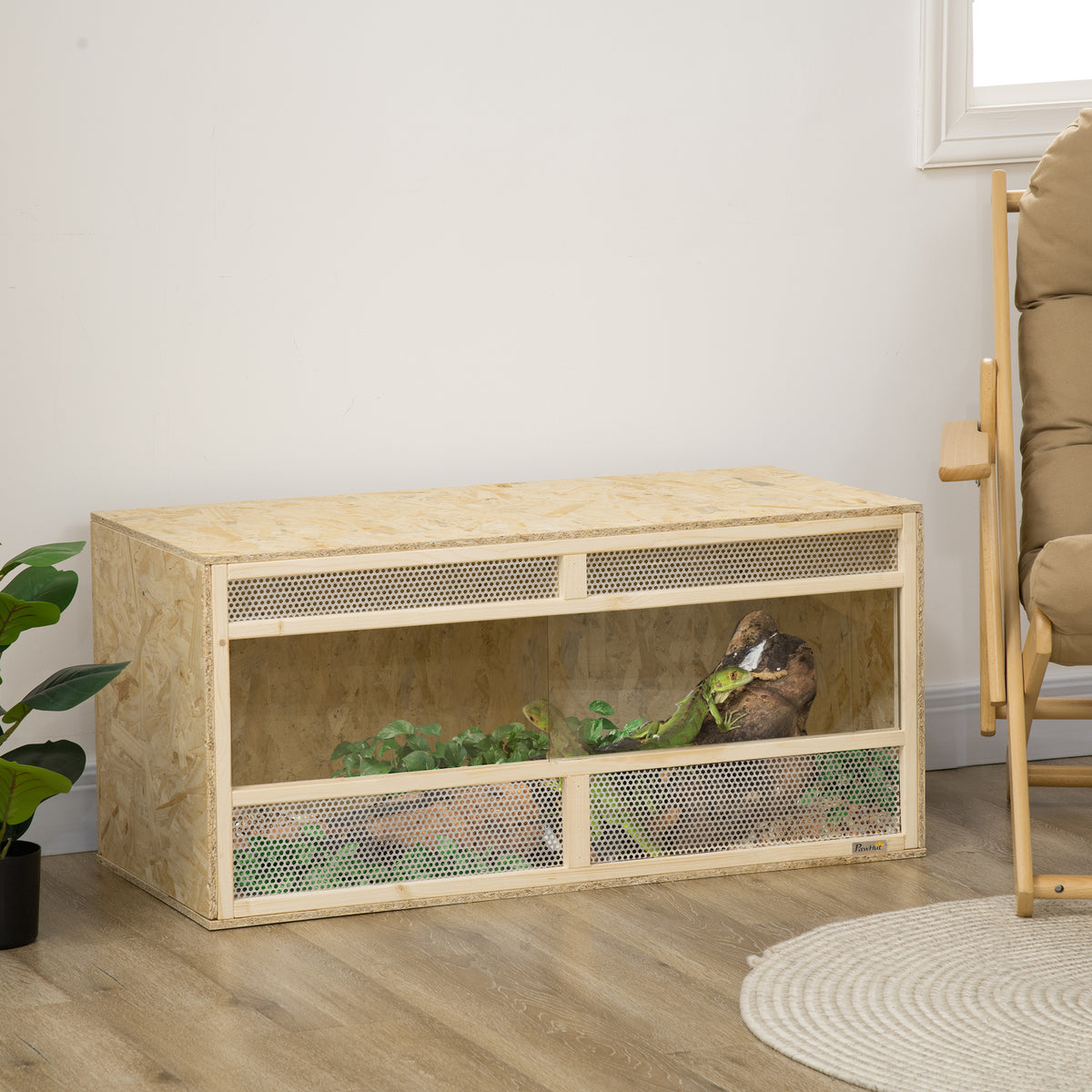 PawHut Terrarium aus OSB-Holz für Reptilien mit schwenkbarer Glastür - 100 x 47 x 47 cm Naturholz