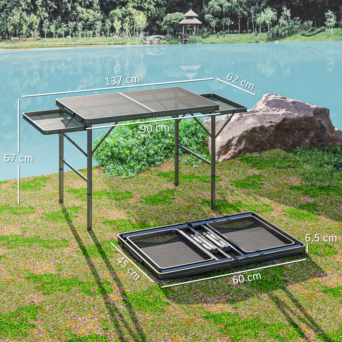 Outsunny Faltbarer Campingtisch mit 2 Seitenregalen, höhenverstellbar für Camping, Picknick, Grillen, Schwarz