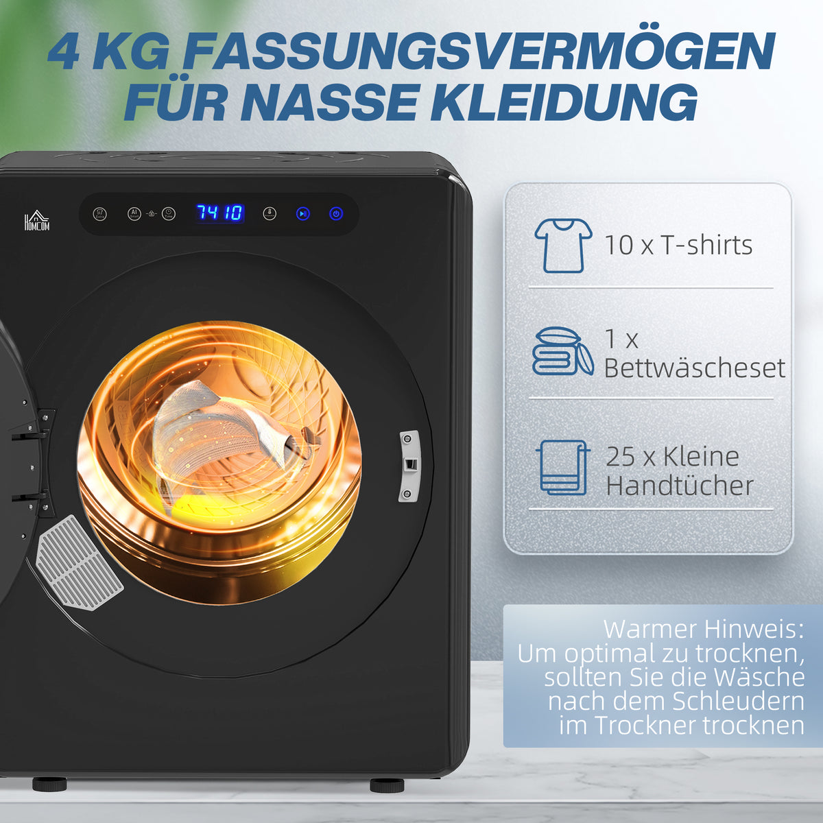 HOMCOM Wäschetrockner, 6 Programme, 40-60℃, 4 kg Kapazität, kompakt, Touch-Bedienung, Schwarz