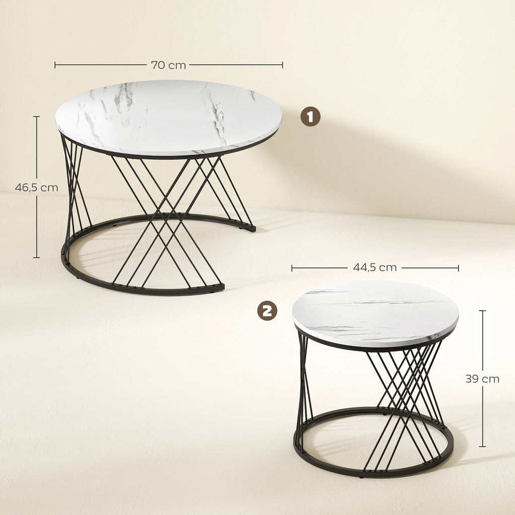 HOMCOM Couchtische im 2er-Set, Marmoroptik, Spanplatte, Metall, runde Kaffeetische für Wohnzimmer, ineinanderstellbar, Weiß