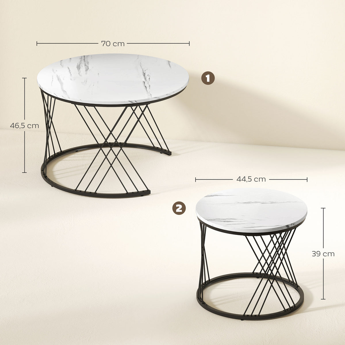 HOMCOM Couchtische im 2er-Set, Marmoroptik, Spanplatte, Metall, runde Kaffeetische für Wohnzimmer, ineinanderstellbar, Weiß