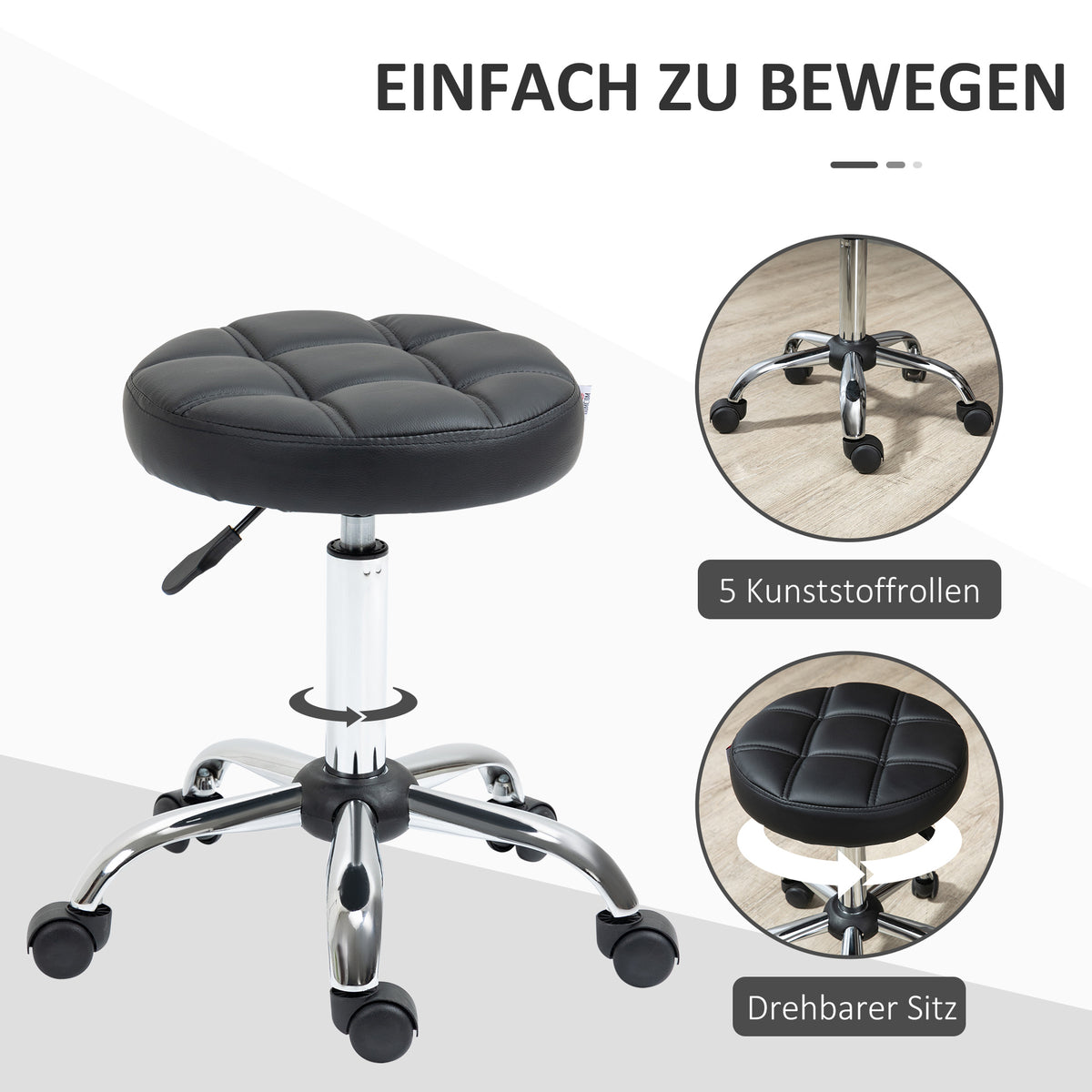 HOMCOM Drehhocker, Salonhocker, höhenverstellbar, Kunstleder, Steppdesign, Schwarz/Silber