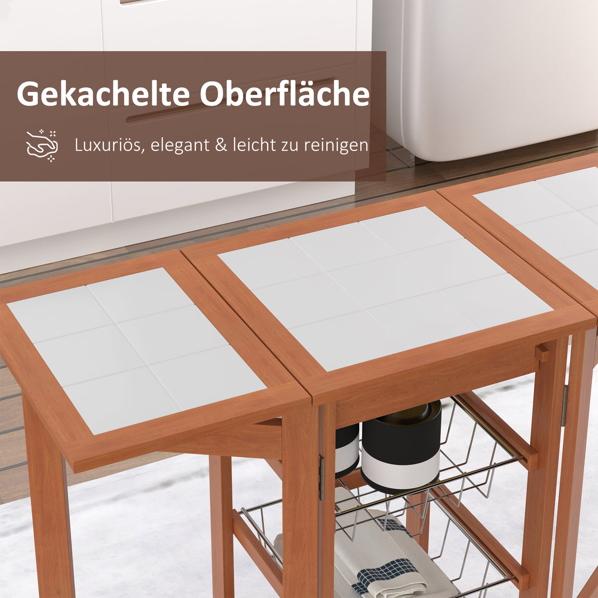 HOMCOM Servierwagen, Küchenwagen, zwei klappbare Seitenelemente, Keramikplatte, Kiefernholz, 91 x 37 x 75cm