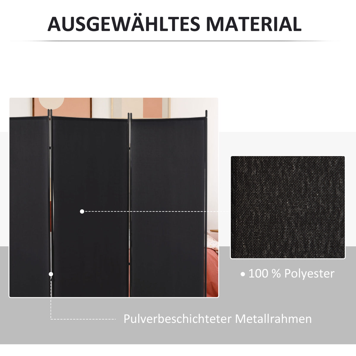 HOMCOM Raumteiler, 3-teiliger Sichtschutz, Raumtrenner mit Metallrahmen, Schwarz