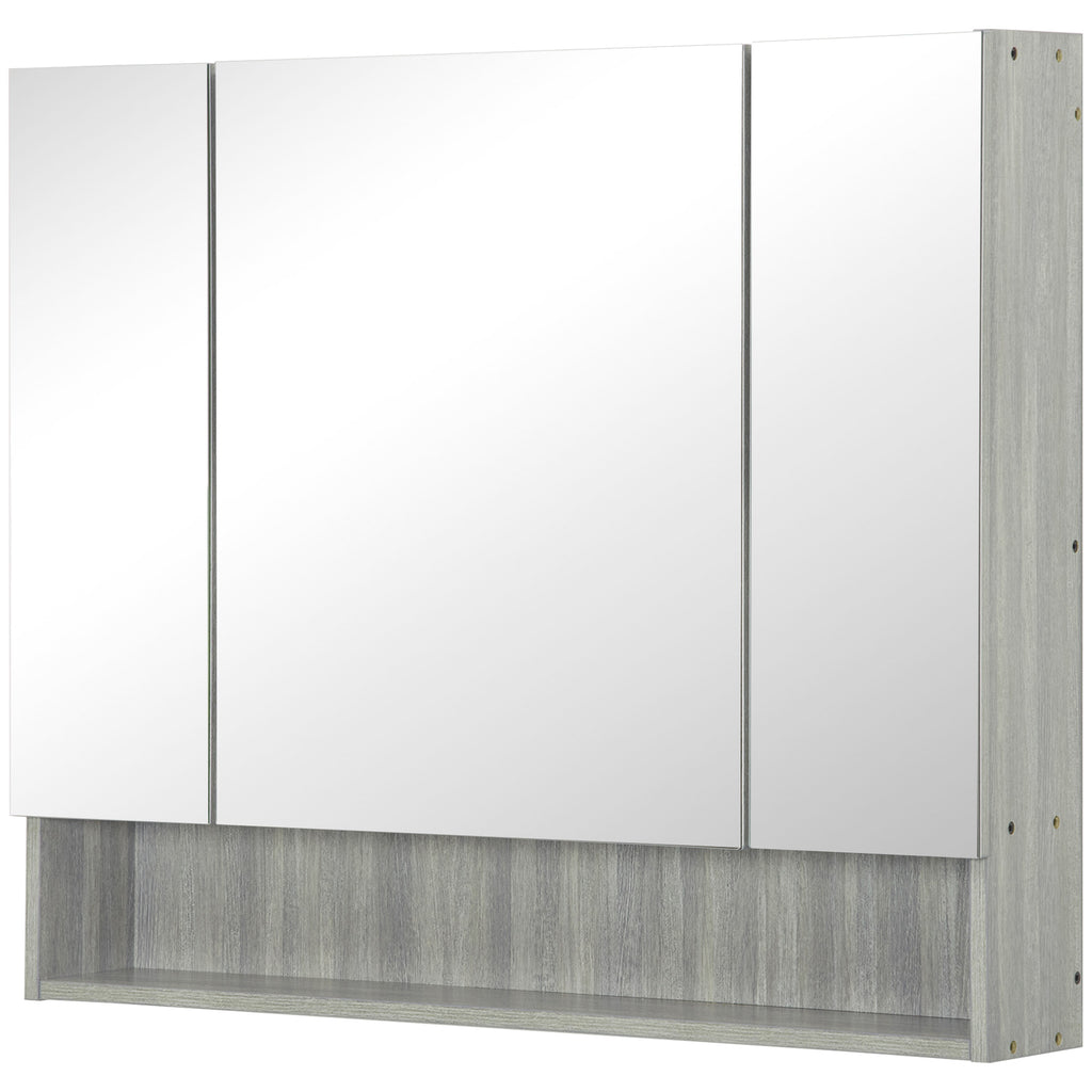 kleankin Badezimmerschrank mit Spiegel, Toilettenregal 3 Spiegeltüren, verstellbare Regale, 90x15x75cm, grau