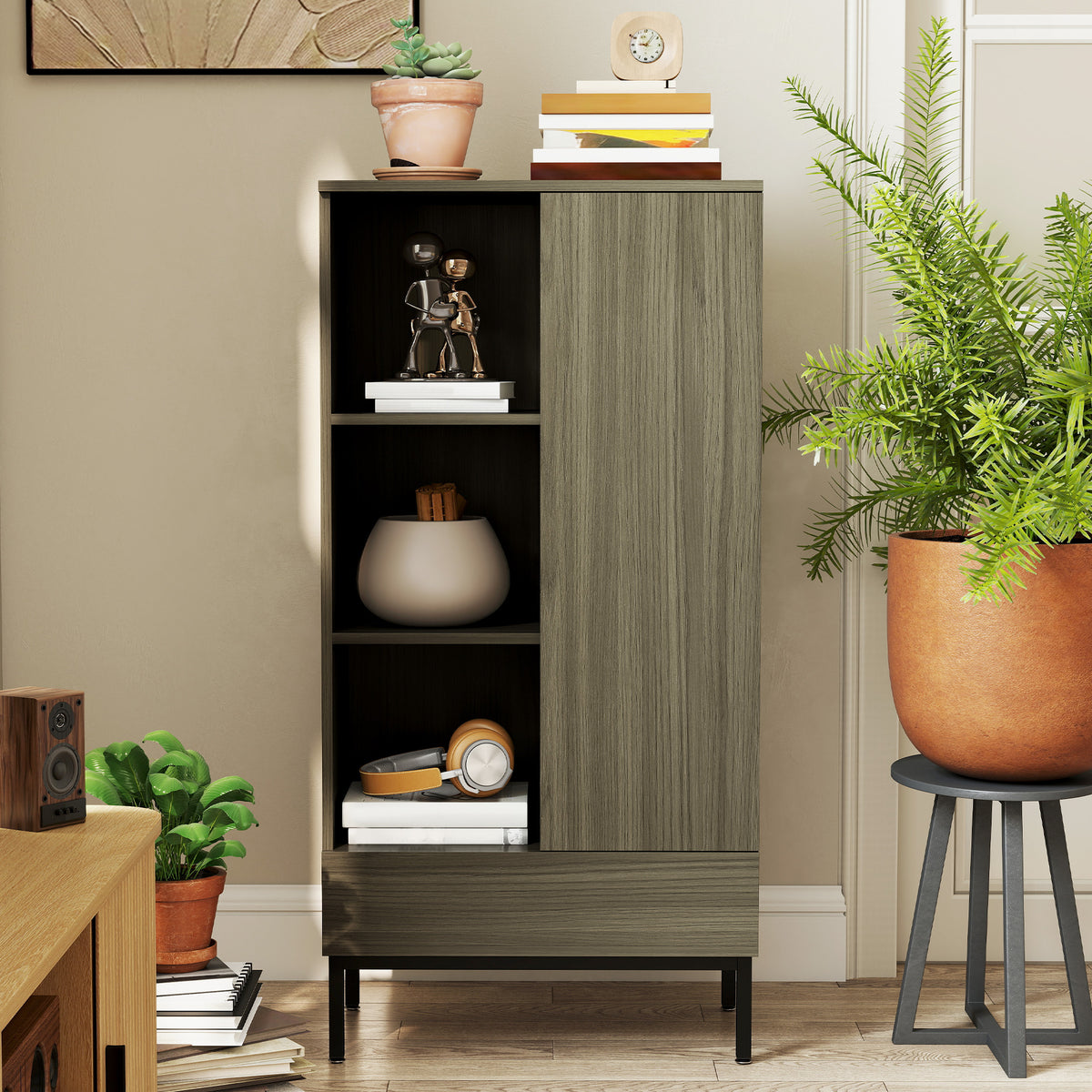 HOMCOM Aparador für Wohnzimmer Modern mit Tür Schublade Verstellbares Regal und 3 offenen Fächern 60x34x121 cm Natürlich
