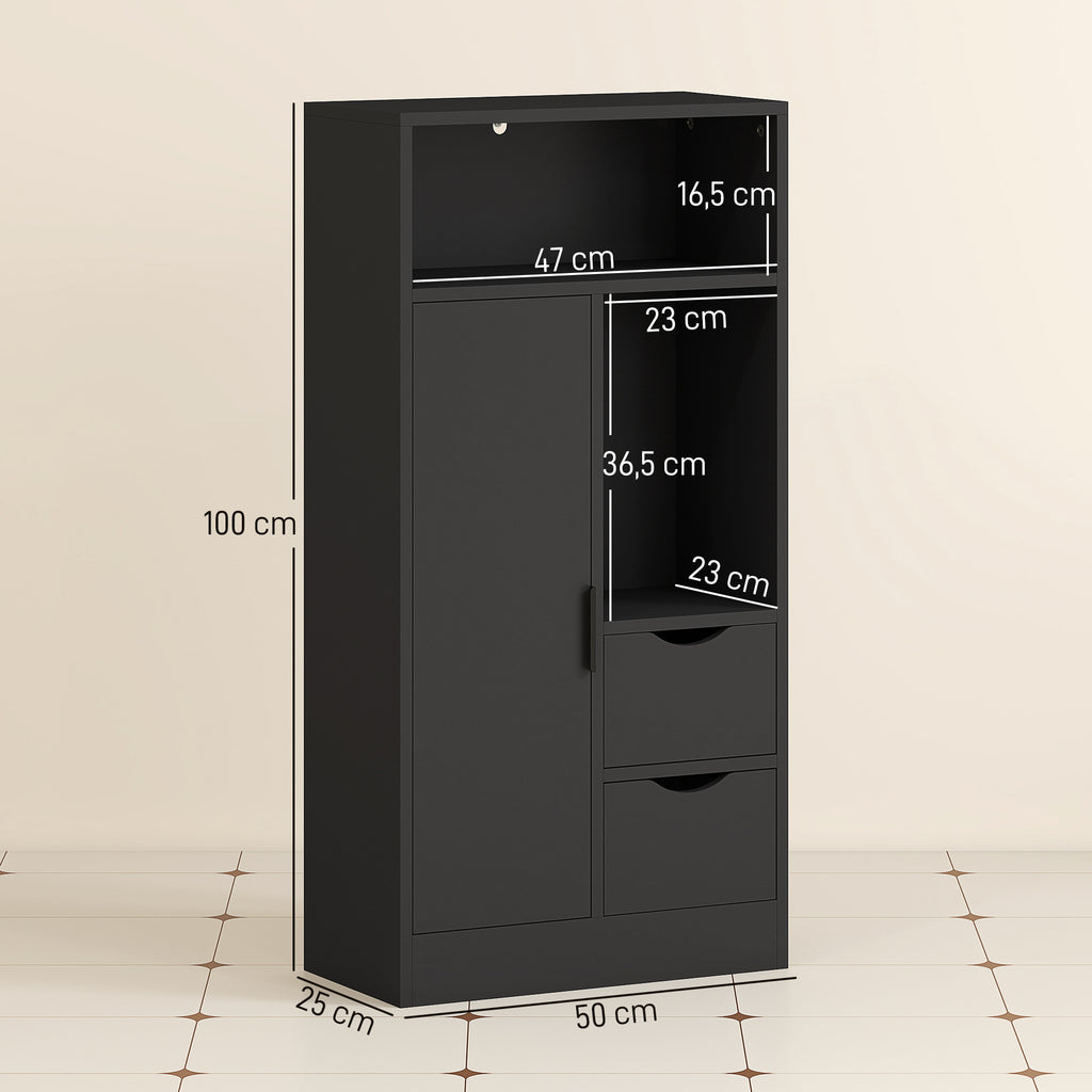 HOMCOM Badezimmerschrank mit 2 Schubladen Offenes Fach und Verstellbare Regale für Kleinen Raum 50x25x100 cm Weiß