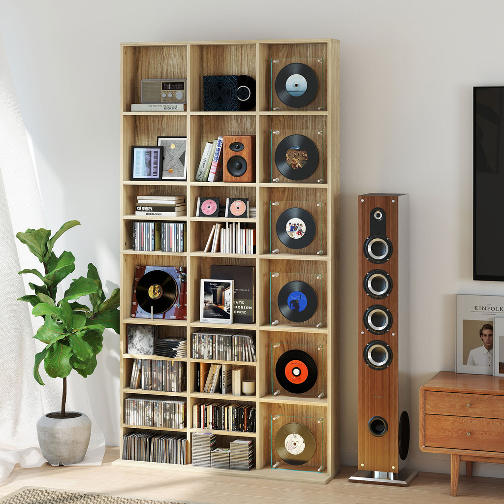 HOMCOM CD- und DVD-Aufbewahrung, Bücherregal Regal 1116 CD/528 DVD, 36 Fächer und verstellbare Regale, Eiche