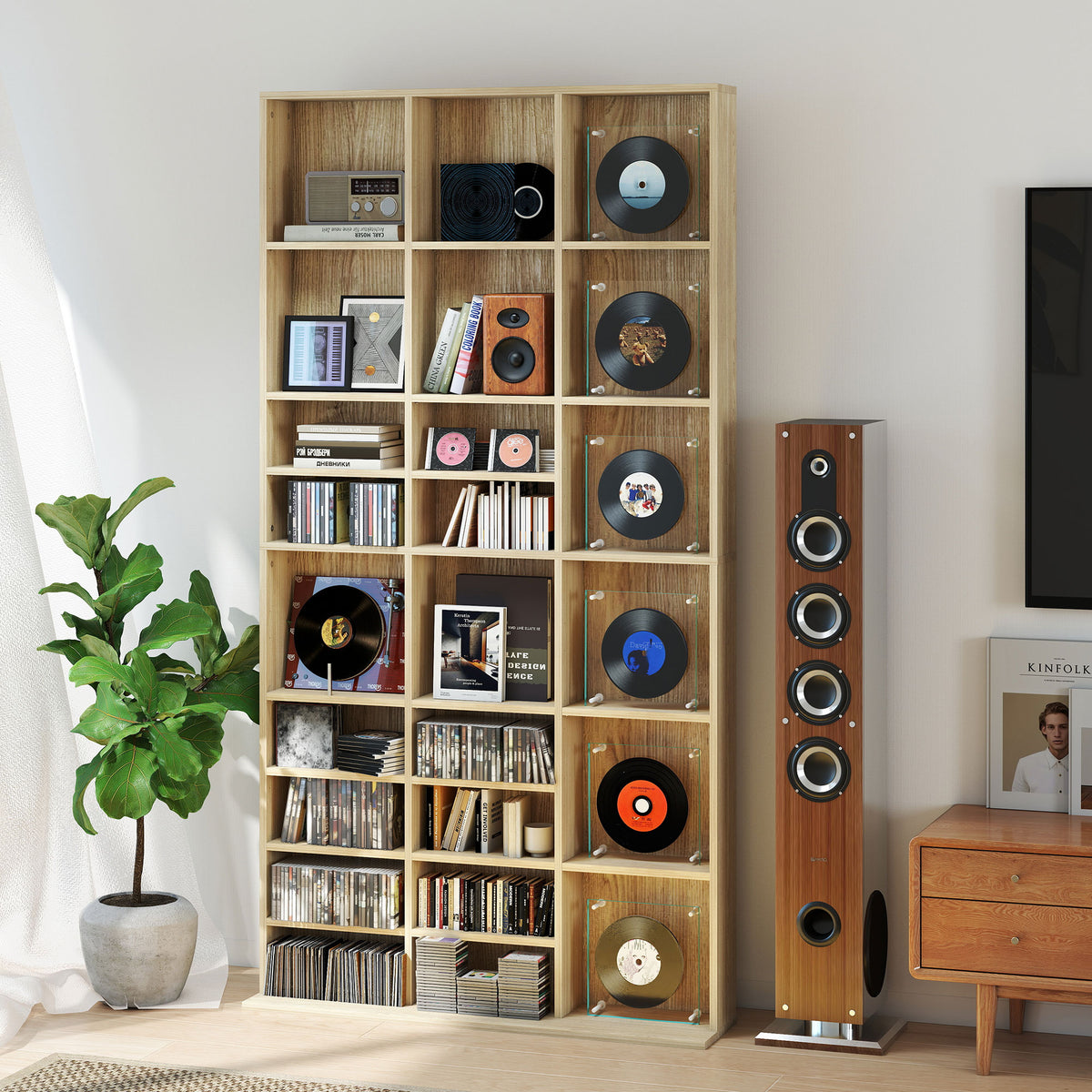 HOMCOM CD- und DVD-Aufbewahrung, Bücherregal Regal 1116 CD/528 DVD, 36 Fächer und verstellbare Regale, Eiche