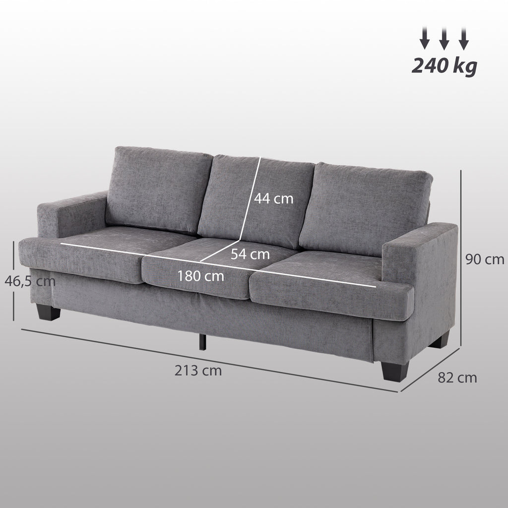 HOMCOM 3-Sitzer-Sofa, Wohnzimmersofa für 3 Personen, Stoffbezug, Stahlrahmen, Polstersofa, Grau