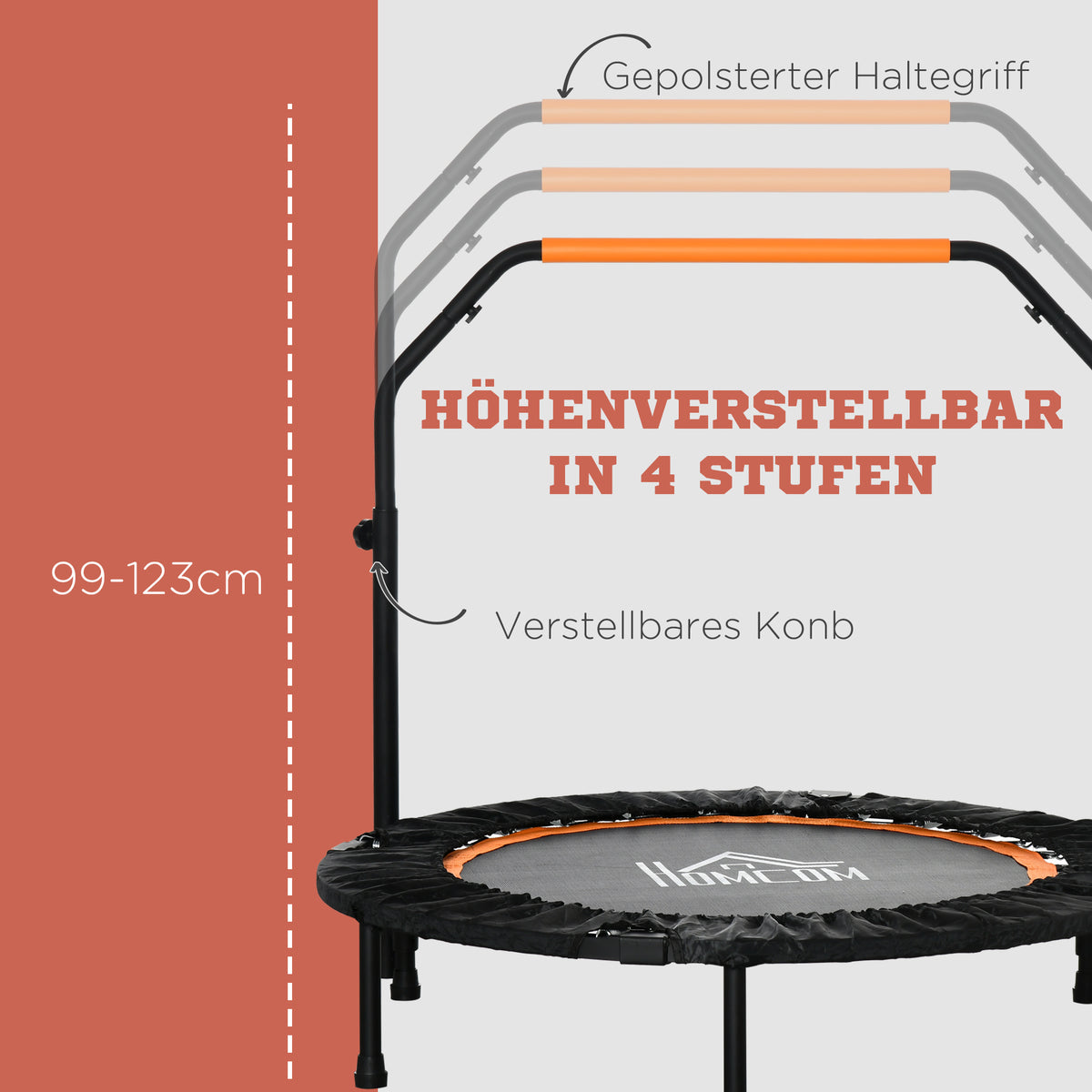 HOMCOM Fitnesstrampolin, klappbar, verstellbarer Haltegriff, Ø102 x 123H cm, bis 100 kg, Schwarz