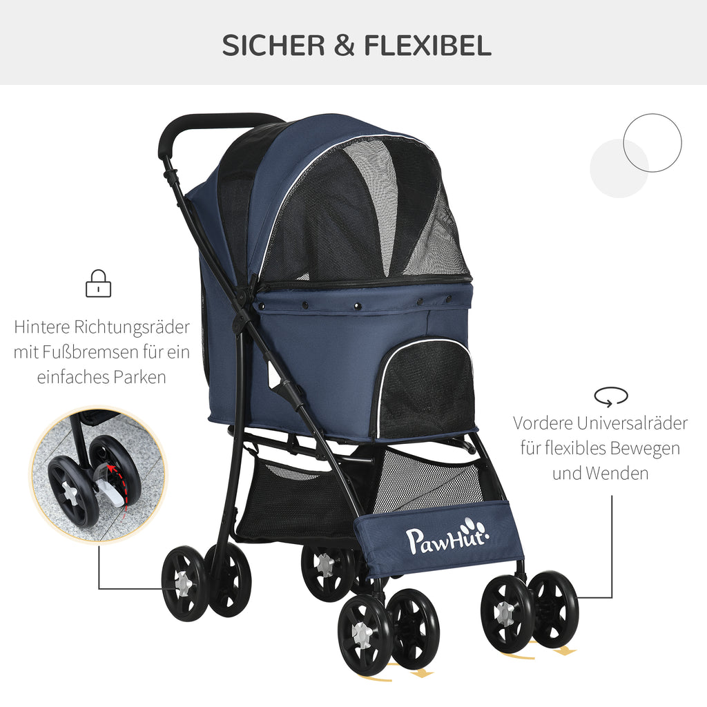 PawHut Hundewagen Hundebuggy bis 10 kg Klappbar Bodenkorb Kissen Seitentasche 81 cm x 48 cm x 99 cm Grau