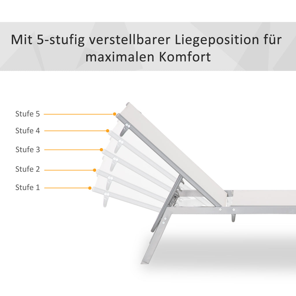 Outsunny Garten-Sonnenliege Relaxliege mit 5-stufige Rückenlehne aus Metall Cremeweiß 170 x 58 x 97 cm