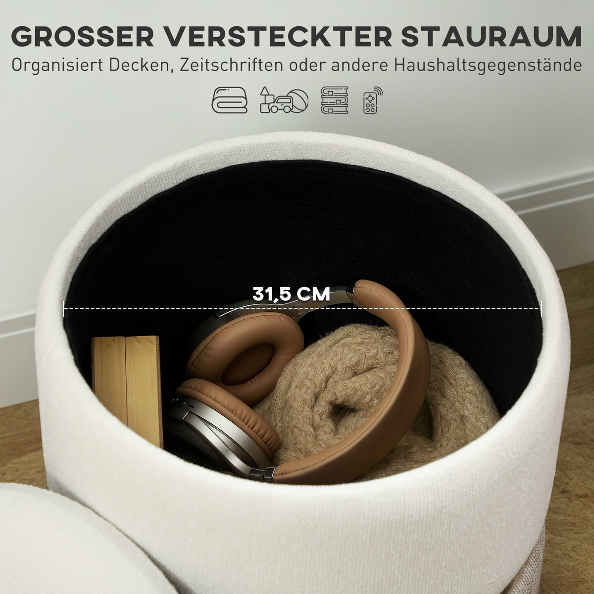 HOMCOM Sitzhocker mit Stauraum Hocker mit Deckel, Metallring, zweifarbig Design 36 x 36 x 44 cm Cremeweiß