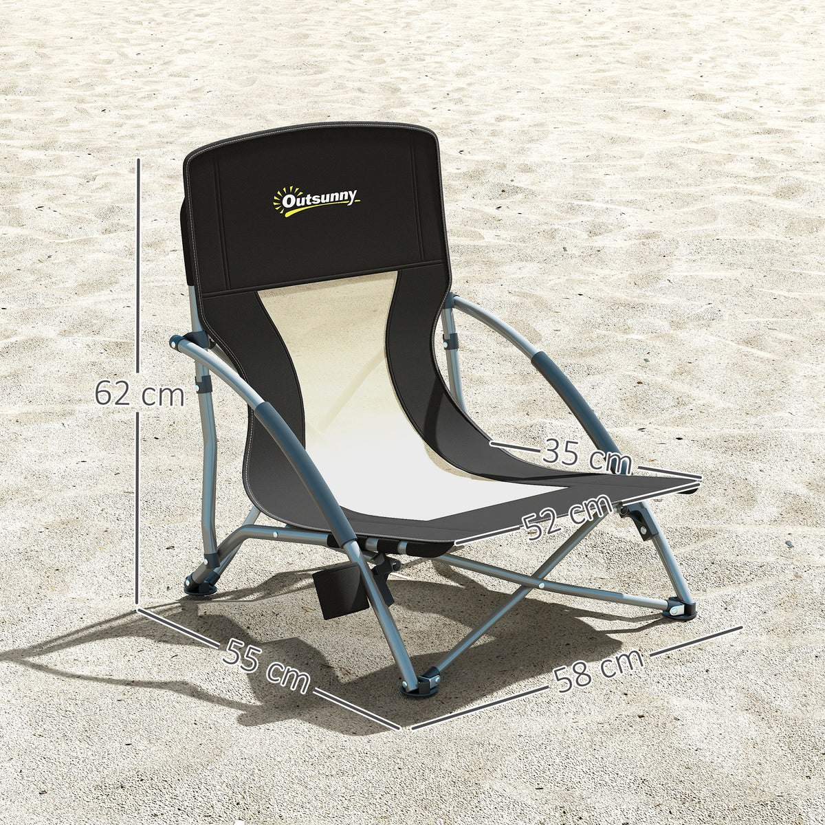 Outsunny Faltbarer Strandstuhl Campingstuhl leicht Tragetasche Getränkehalter 58 x 55 x 62 cm schwarz