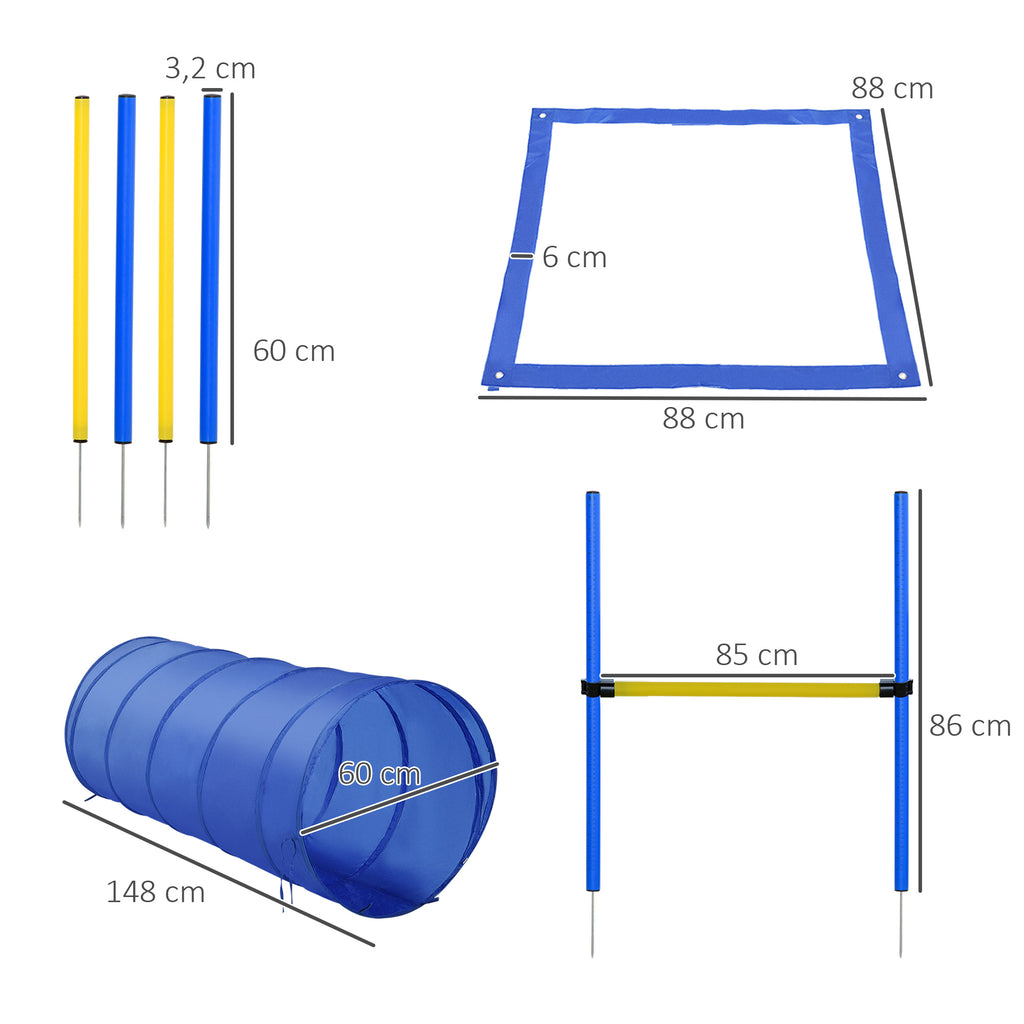 PawHut Agility Set Hunde 5-teiliges Agility-Ausrüstung für Hundetraining Steckhürdenset mit Hundetunnel 4 Slalomstangen höhenverstellbar Hürden Pause-Box Tragetasche Agilityset für Spiele Training